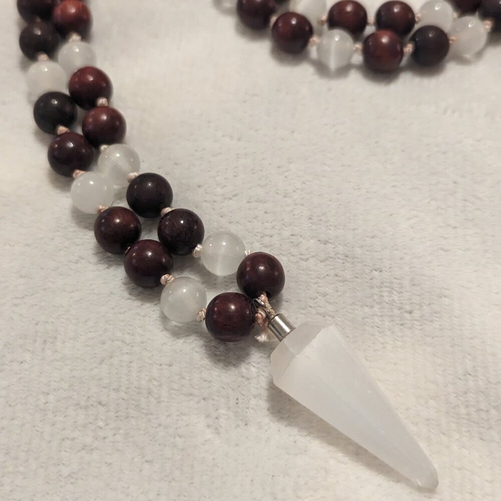 Handmade 108 bead mala Blood Sandalwood and Selenite - Pendulum Divination